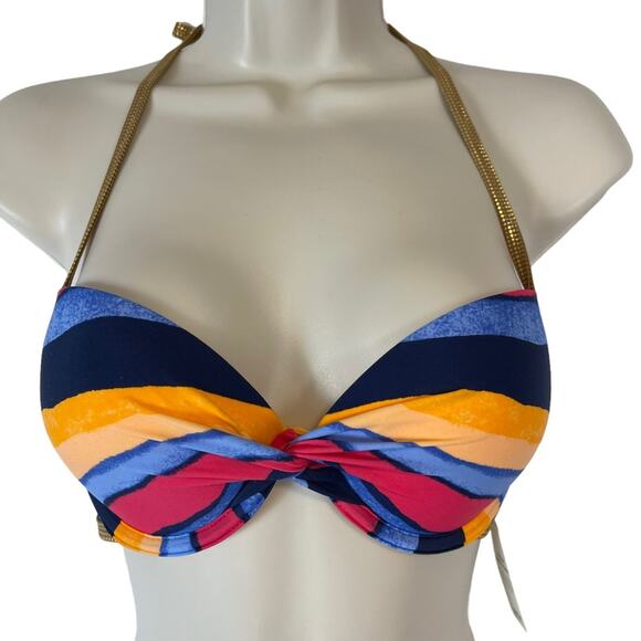 Aerie Bikini Striped Metallic Trim Push-up Top 36A Side Tie Bottom Large NWT - Picture 2 of 14
